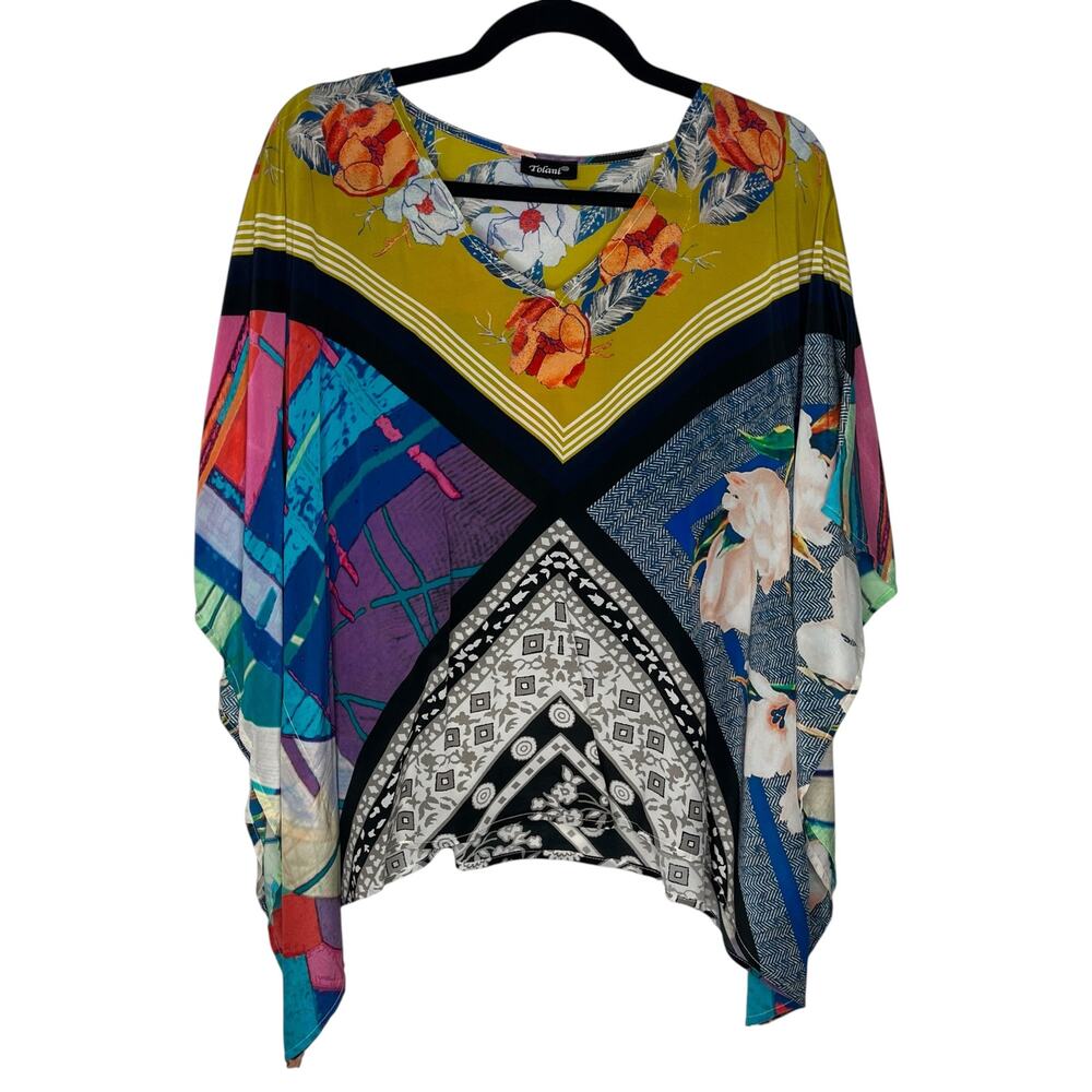 Tolani Womens Kaftan Blouse S/M Briyana Colorful Silk Poncho Mixed Print Boho